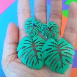 Green Tropical Monstera Metal Drop Statement Earrings